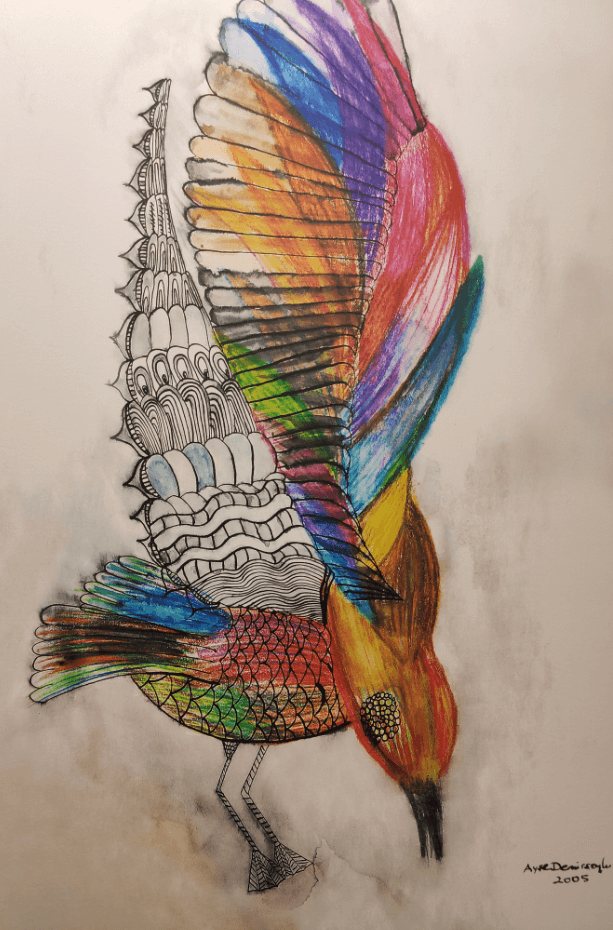 A painting of a bird spreading its colourful wings